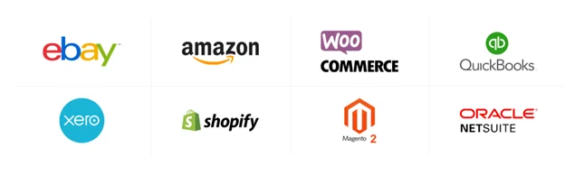 Logos of ecommerce and accounting platforms including eBay, Amazon, WooCommerce, QuickBooks, Xero, Shopify, Magento, and Oracle NetSuite integrated with 3PL logistics and fulfillment systems.