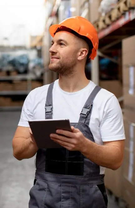 Warehouse worker using a digital tablet to manage inventory and optimize 3PL logistics operations.